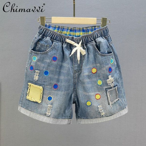 

women's jeans blue plus size denim shorts women thin 2021 summer lace-up elastic high waist fashion loose slim wide leg pants