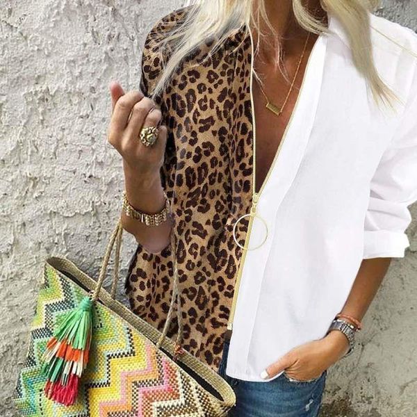 

women's blouses & shirts explosive style ladies zipper v-neck leopard print + white stitching lapel long-sleeved h200418 zhut