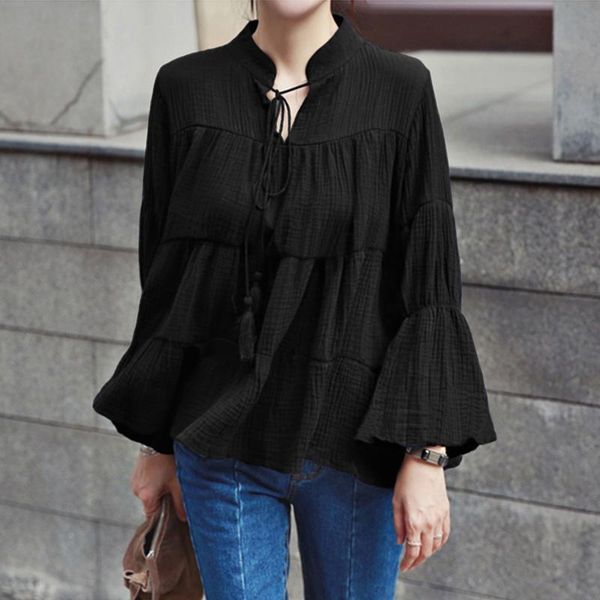 

women's blouses & shirts loose office 2021 vonda long flare sleeve solid color women casual bohemian party blusas femme, White