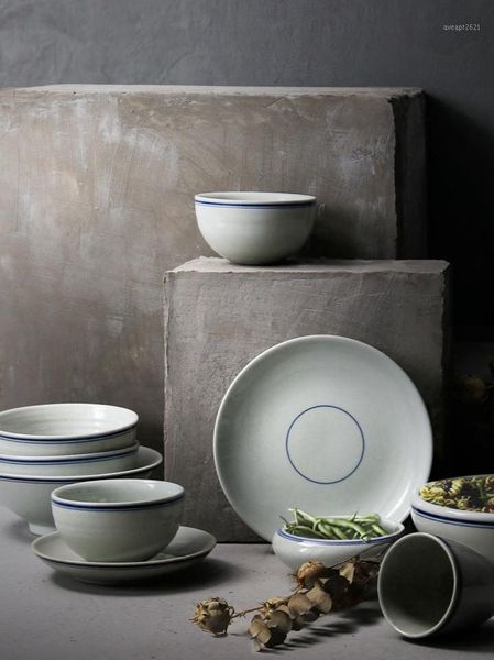 

handmade coarse pottery tableware set retro underglaze blue bowl plate household rice and plates large for two sets storage bottles & jars