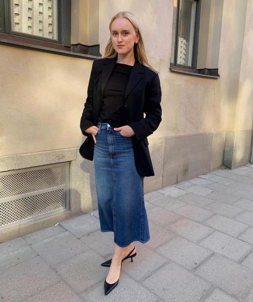 

skirts [elfstyle] - bitti skirt washed blue high waist slits back pockets midi length cotton woman fashion bottoms, Black