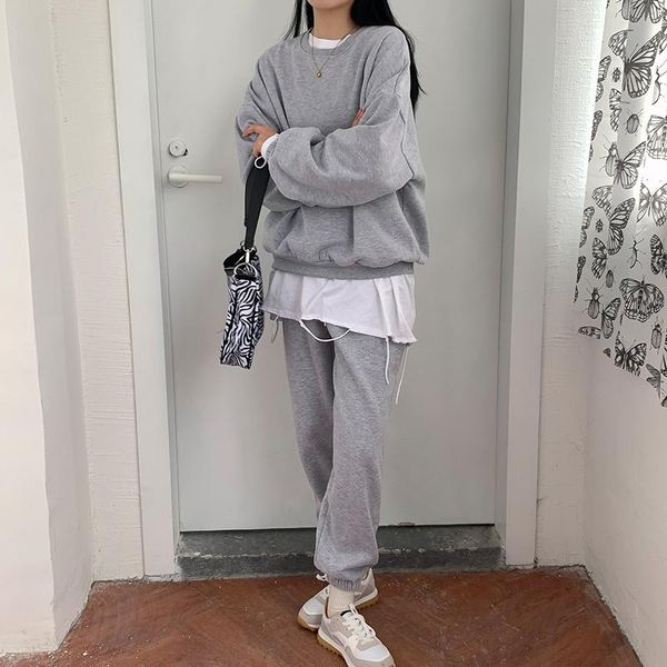 

thicken loose women sports 2 piece set casual vintage streetwear o neck sweatshirt+high waist harem pants female sets women's two, White