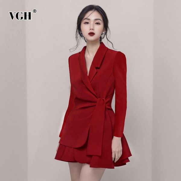 

vgh elegant evening dress for women notched lace up high waist ruched a line slim fit dresses female spring fashion new 210421, Black;gray