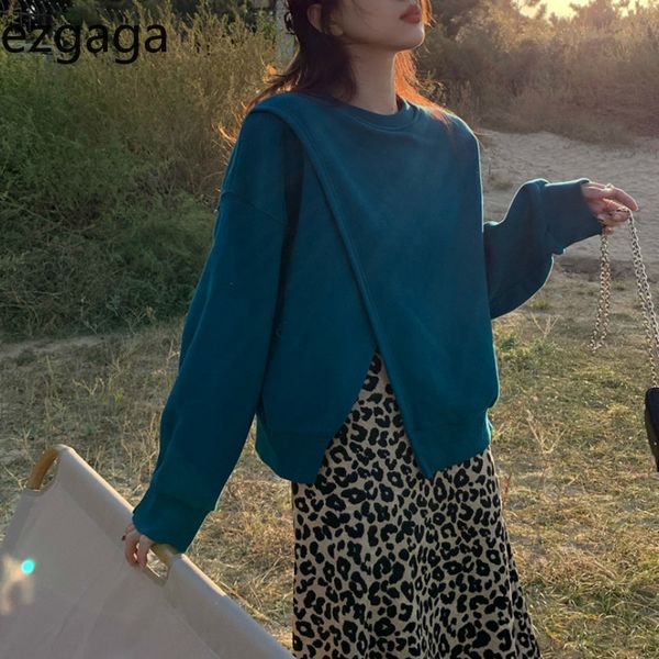 

ezgaga streetwear sweatshirt women fashion outwear o-neck criss-cross long sleeve spring new loose solid ladies pullover casual 210430, Black