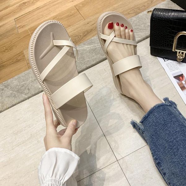 

slippers 2021 women sandals shoes flat-bottom korean style slip-on solid fashion woman slides flat with flip flops, Black