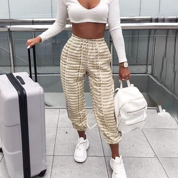 

women's pants & capris women letter print sweatpants joggers casual hip hop streetwear high waist trousers female sweat, Black;white