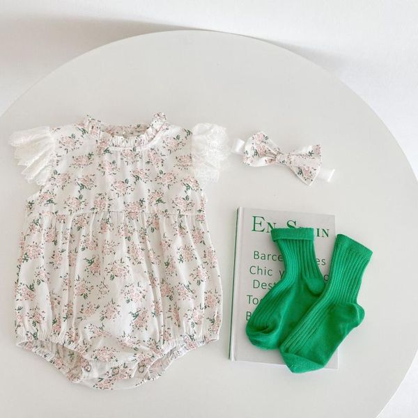 

arrival babe girls ruffles stand collar rompers sets with headband floral toddler clothes jumpsuits, Blue