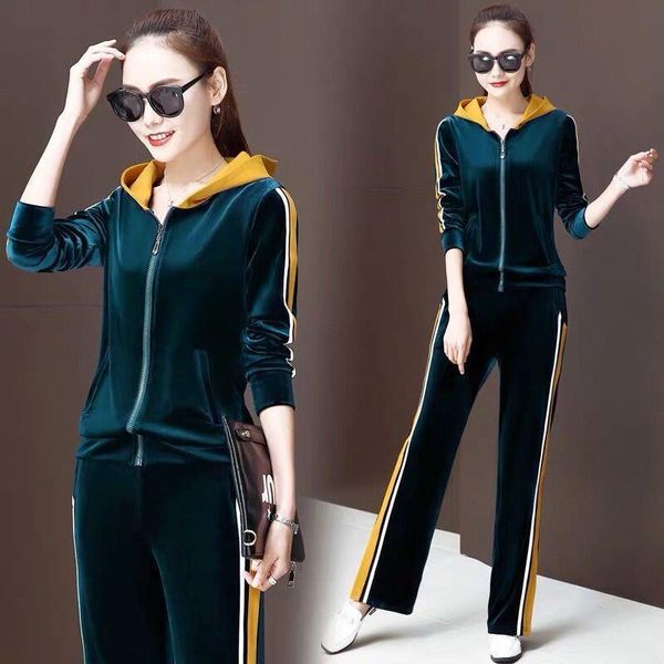 

two piece set velour womens tracksuits tracksuit autumn clothes side striped jacket coat and wide leg pants casual sports velvet, Gray