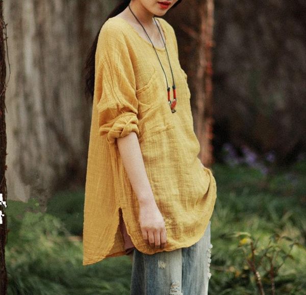 

women cotton linen blouse literary style spring long sleeves white light green brief medium-long loose shirts plus size women's blouses