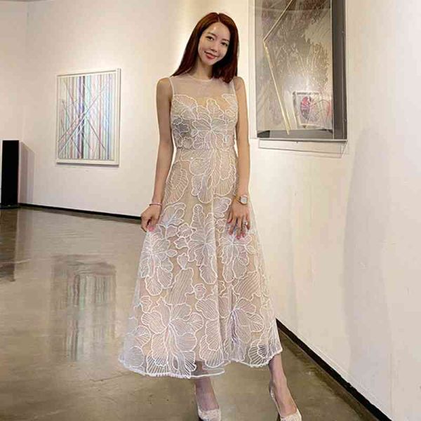 

casual dresses elegant women lace long korean runway summer sleeveless vintage hook flower a-line party slim maxi fsyk, Black;gray