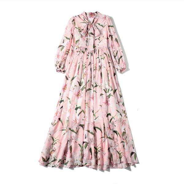 

dresses summer fashion designer lily floral print maxi women's bow tie collar pink elegant pleated holiday chiffon long es, Black;gray