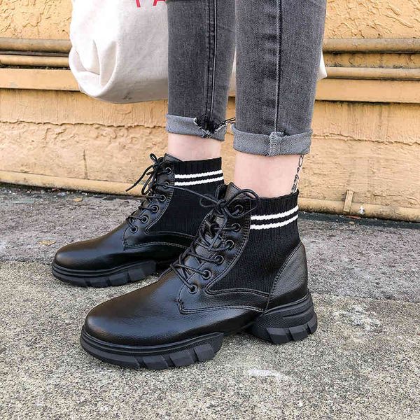 

boots female short-barrel martin boots, leather striped shoes, autumn and winter line, big size, , mkk0, Black