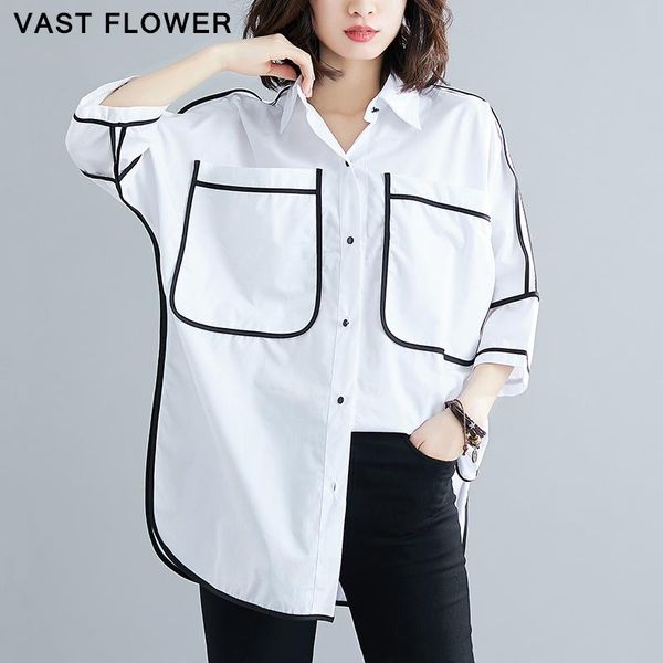 

women's blouses & shirts 2021 summer white overisze blouse shirt women korean big pocket lapel half sleeve loose casual ladies fashion