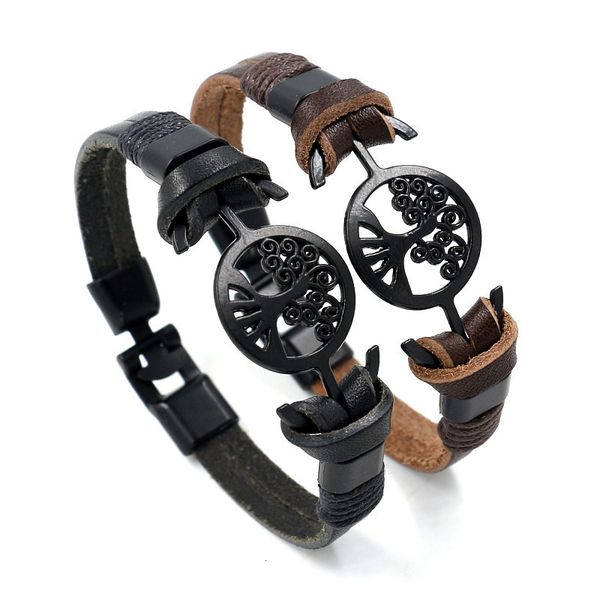 

wristbands fashion men's bracelet simple and versatile black steel life tree woven leather punk wristbands beads leather bangles, Golden;silver