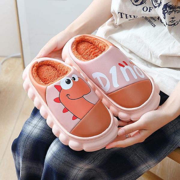 

slippers cartoon dinosaur thick platform women winter waterproof couples non-slip plush indoor outdoor men house slides, Black