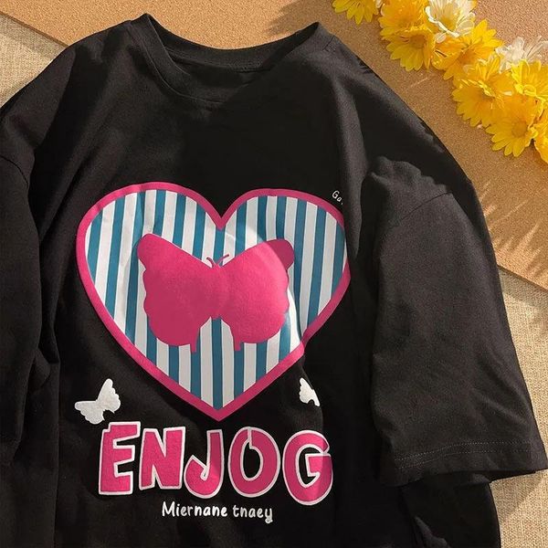 

women's t-shirt summer love print short sleeve o-neck female clothing loose sweet and cute kawaii mid-length top, White