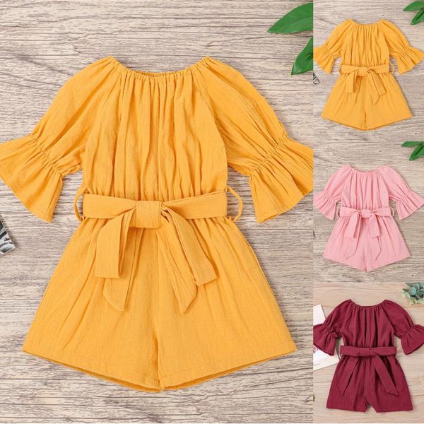 

girl's dresses 2021 spring and summer solid color cotton short-sleeved jumpsuit pullover girls children clothing children's dress, Red;yellow