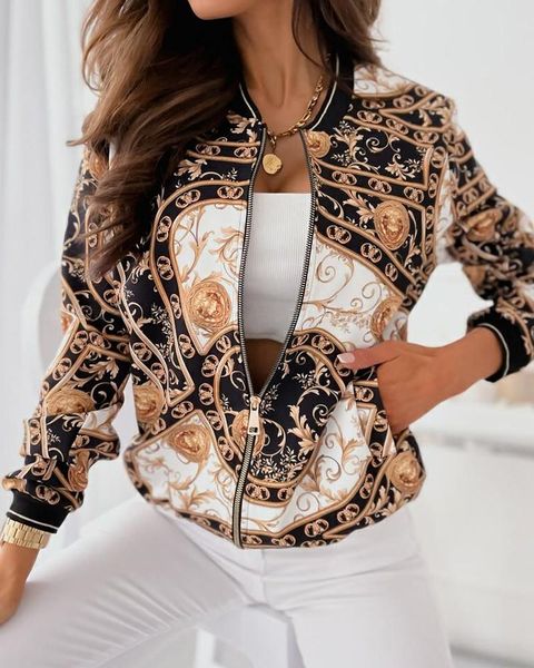 

women's jackets 2021 autumn baroque print pocket detail zipper up baseball women outwear casual streetwear coat, Black;brown