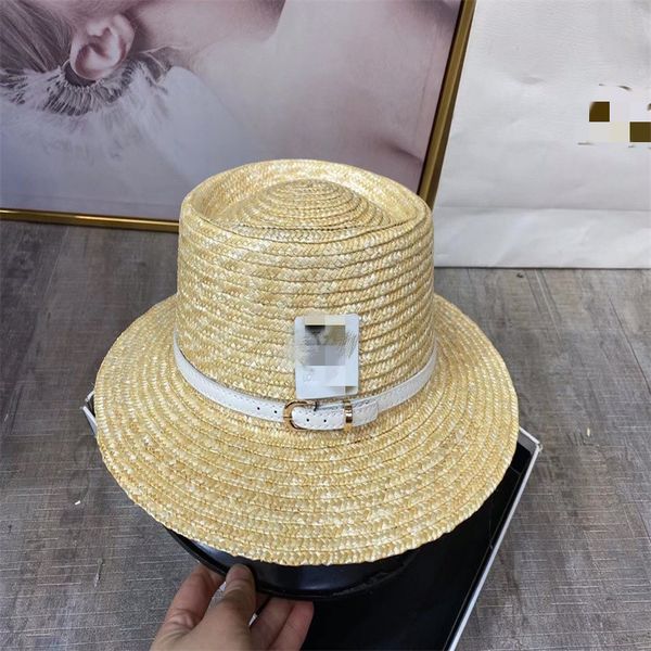 

luxury fashion woven wide-brimmed hat golden wide straw caps parent-child flat-sunshade straw hats brand logo, Blue;gray