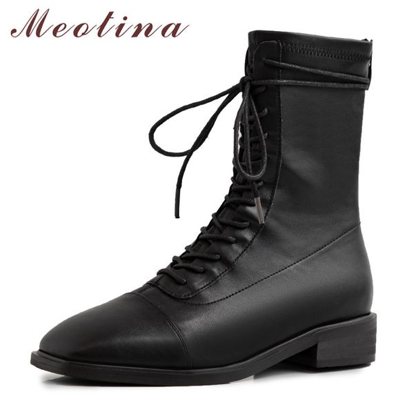 

autumn ankle boots women zipper thick heels short lace up square toe shoes lady winter brown size 34-39 210517, Black
