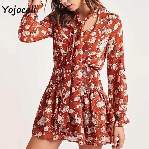 

casual dresses yojoceli boho style floral dress v neck bow mini long sleeve ruffle female vestidos, Black;gray