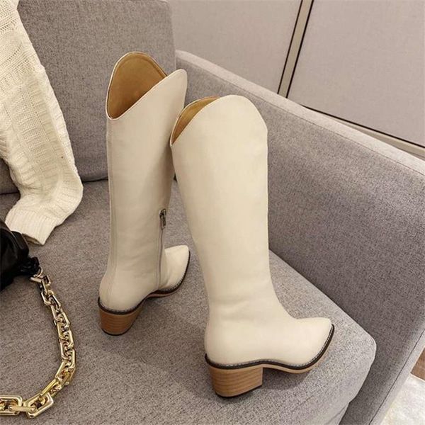 

boots white women knee high genuine leather chunky heel riding pointed toe autumn long ladies dress shoes ylnj, Black