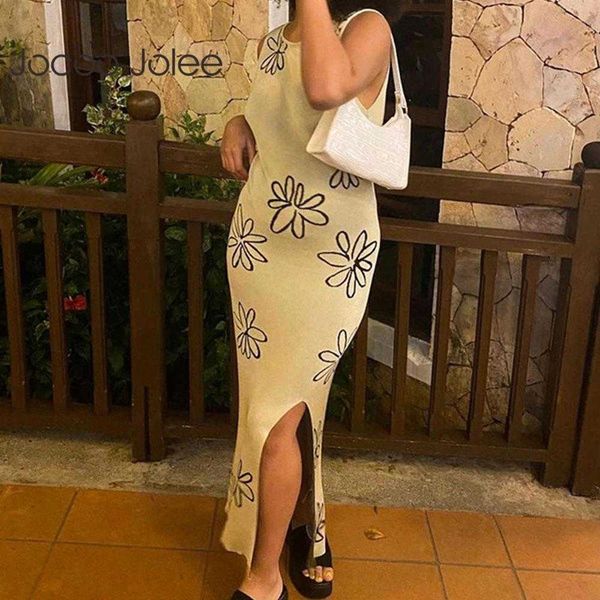 

jocoo jolee women summer backless hollow printing split knit sleeveless o neck long dress elegant casual party club 210619, Black;gray