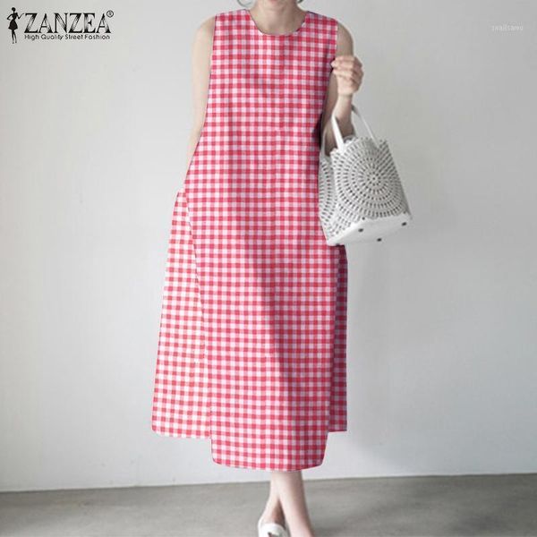 

casual dresses 5xl zanzea vintage women 2021 summer plaid midi vestidos zipper sleeveless sundress ladies a-line robe plus size, Black;gray