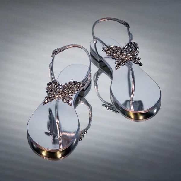 

summer outdoor wear all-match sandals and slippers rhinestone flat-bottomed toe fashion butterfly beach, Black