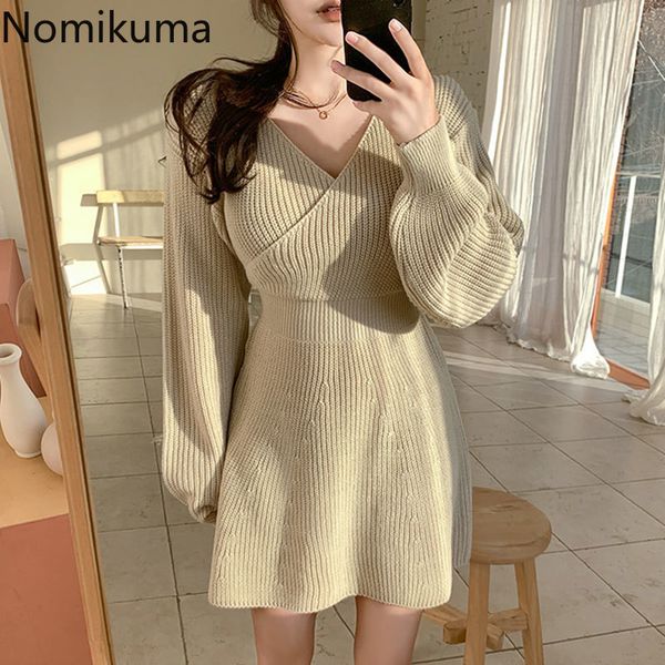 

nomikuma mini knitted dress women v neck slim waist long sleeve korean chic sweater dresses female simple vestidos mujer 210514, Black;gray