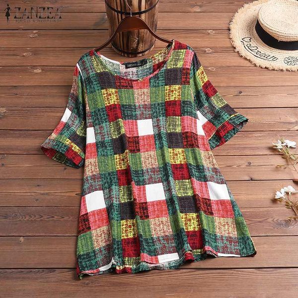 

casual o neck short sleeve loose shirt women summer blouse vintage plaid checked female work blusas femininas 5xl women's blouses & sh, White