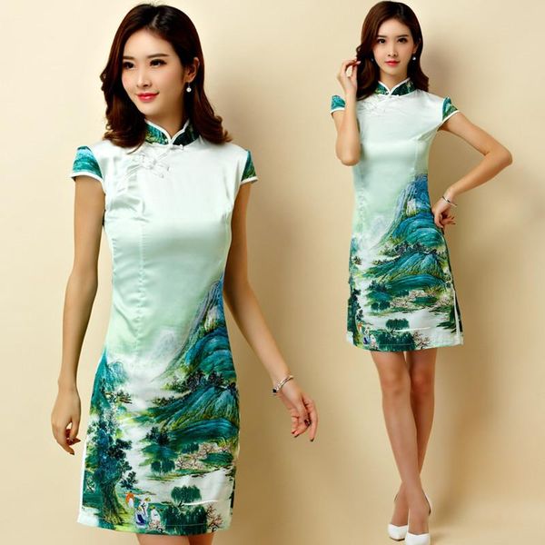 

3xl plus size chinese traditional women elegant landscape print cheongsam qipao short party lady big dress vestidos ethnic clothing, Red