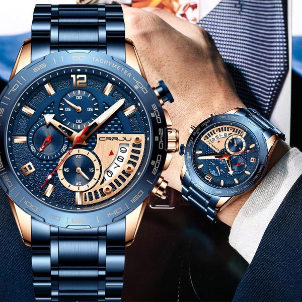

wristwatches crrju watch for men with stainless steel waterproof chronograph date sport quartz wrist relogio masculino, Slivery;brown
