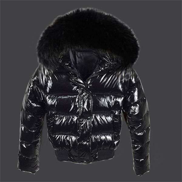 

brand fashion black women's winter jacket big fur waterproof coat female parkas glossy jacket short outwear 211216