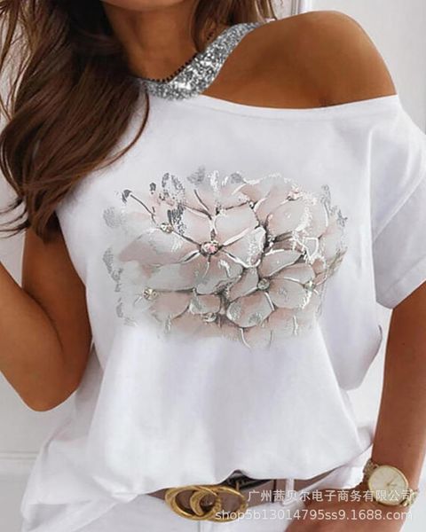 

women's t-shirt 2021 summer strapless sequin round neck flower print top, White