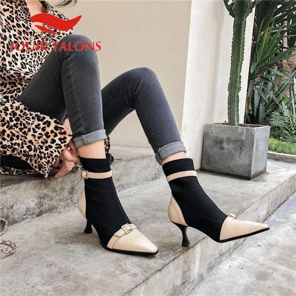

boots jouir talons fashion shoes woman buckles strange style heels pointed toe mixed color patchwork, Black
