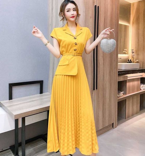 

summer fashion casual women short sleeve turn down collar pleated dress chiffon maxi dresses 210531, Black;gray