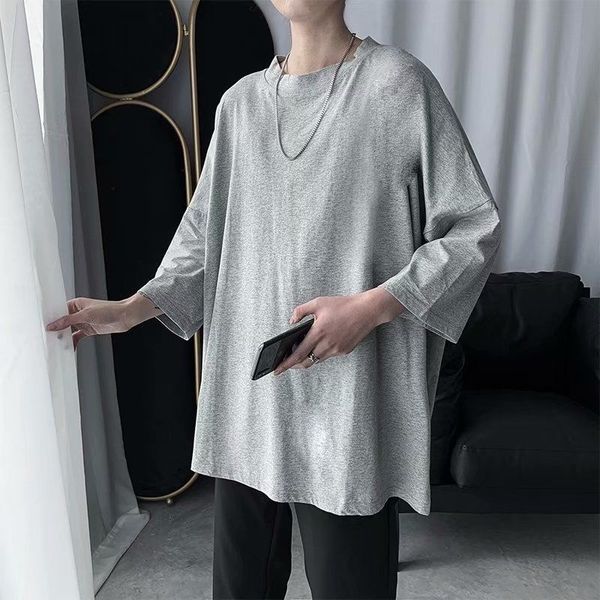 

men's t-shirts summer solid color o-neck t-shirt korean fashion loose hedging casual streetwear three-quarter sleeve t shirt h873, White;black