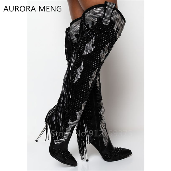 

boots women shoes high heel winter crystal pointed toe tassel over the knee iron heels rhinestone lady club plus size, Black