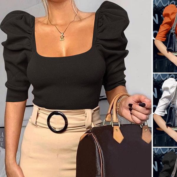 

women shirt ladies puff sleeve solid shirts half square collar crop female casual slim plain bottoming, White