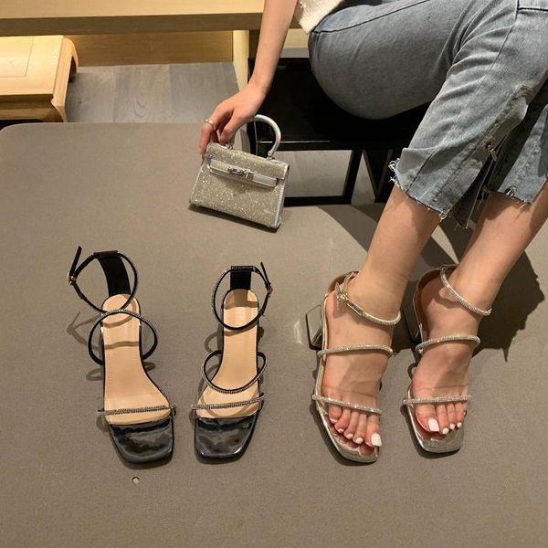 

fashion women sandals 2021 summer rhinestone narrow band ankle strap buckle shoes thick mid heels black silver party dress