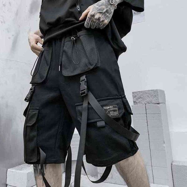 

men summer ribbons hip hop cargo shorts casual streetwear shorts mens harajuku punk short pants bermuda homme h1206, White;black