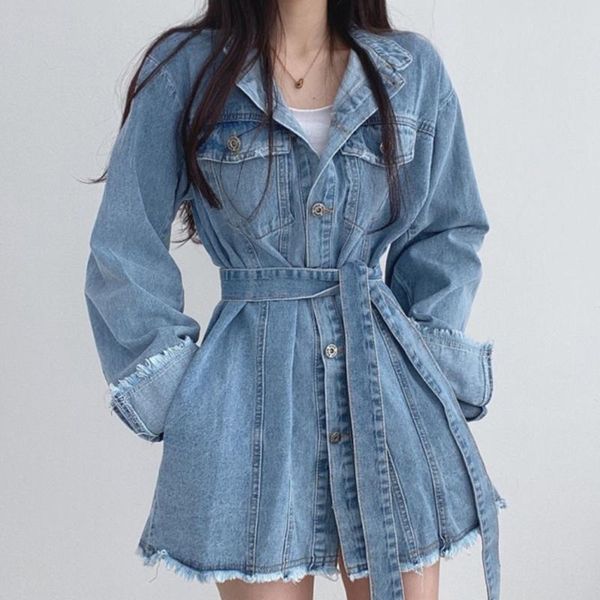 

women's jackets korean chic early autumn temperament all-match lapel tie waist slimming single-breasted long-sleeved denim jacket femal, Black;brown