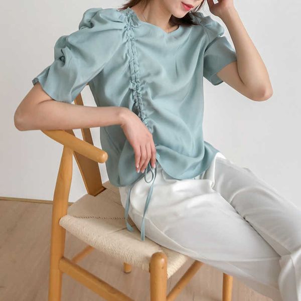

elegant drawstring folds blouses for women summer o-neck puff sleeve crop shirts fashion casual all-match female 210525, White