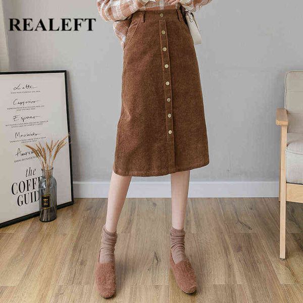 

realeft winter corduroy women's skirts vintage high waist button fashion office lady casual slim women's long skirt female 211120, Black