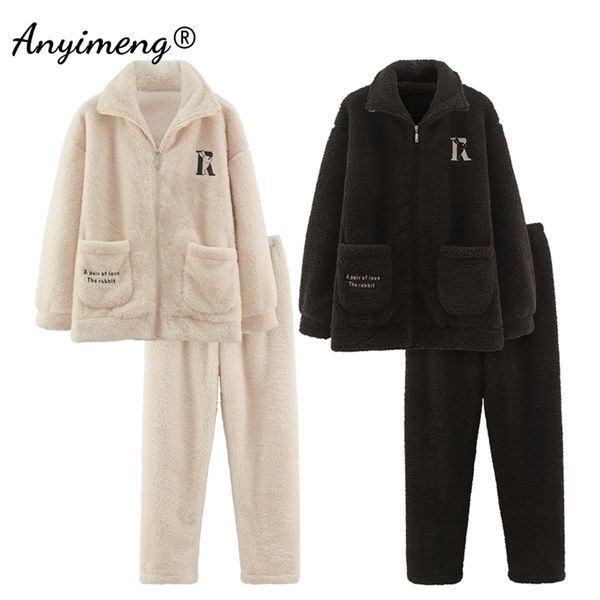 Winter Dicke Pyjamas Set für Paar High Neck Zipper Pijamas Männer Halten Warme Nachtwäsche Frauen Ins Mode Minimalistischen Pjs 211215