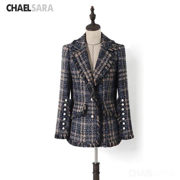 

women's jackets vintage tweed jacket spring autumn long plaid 2021 slim pearl buttons ladies coat high quality, Black;brown