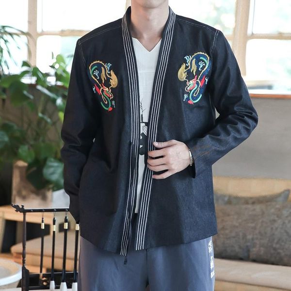 

ethnic clothing 2021 chinese style denim jacket men clothes jeans tang suit embroidery kimono cardigan black outerwear ff3442, Red