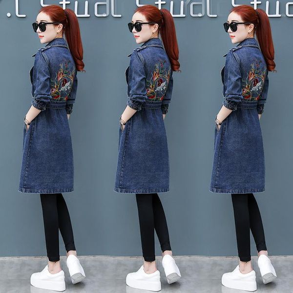 

women's jackets fashion denim jacket 2021 spring casual long section embroidery open thin windbreaker autumn, Black;brown