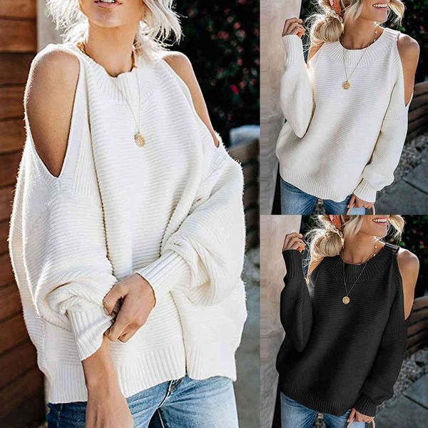 

fashion sweater fine woolen women's solid color bat long sleeve off shoulder loose knitted pullover, White;black